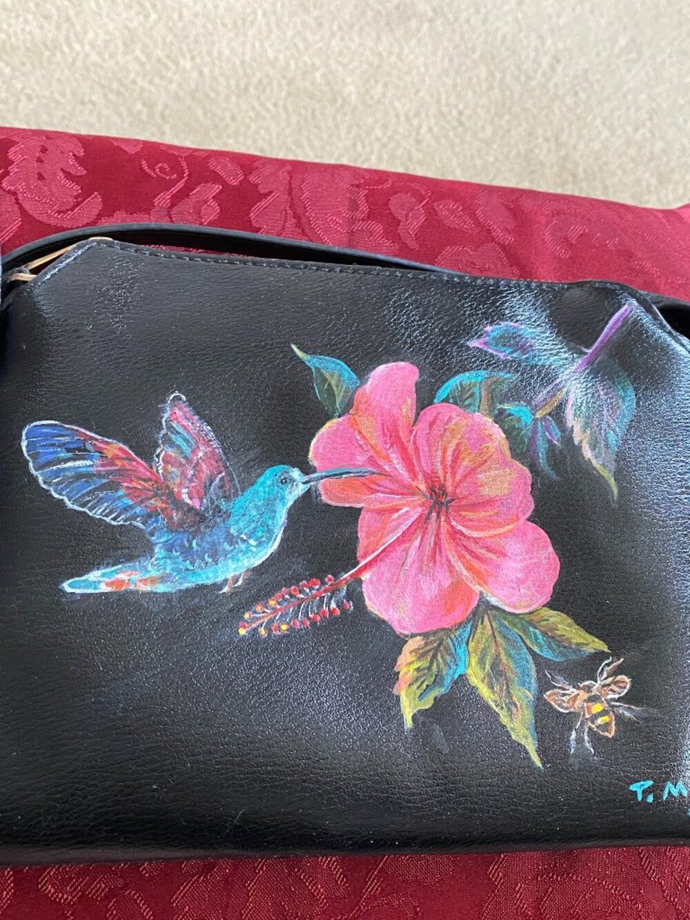 Hand Painted Hummingbird, Bee, Flower, A New Day Black Very Soft Faux Leather